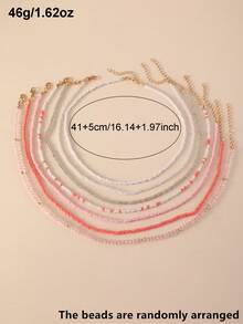 7pcs/Set Girls' Mixed Color Beaded Necklace Set, Suitable For Daily Decoration - Pink - View 7