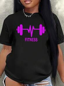 Camiseta de manga corta, estampada con un diseño de mancuernas de fitness en color morado, ligera y duradera, adecuada para el gimnasio, entrenamientos o uso diario, una opción ideal para los entusiastas del estilo de vida activo.blusa casual mujer - Negro - Ver 7