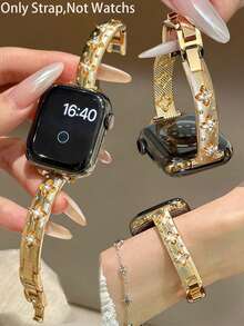 Dây đeo đồng hồ hình cỏ bốn lá đính đá, làm từ hợp kim kẽm, tương thích với Apple Watch Series 10/9/8/7/6/5/4/3/2/1 SE Ultra, kích thước 38 40 41 42 44 45 49mm, màu vàng sâm panh, bạc ánh trăng, đen tuyền, dây đeo đồng hồ nữ thanh lịch, chất liệu hợp kim. - Vàng - Xem 11