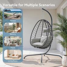 Foldable Egg Chair With Stand, 485LBS Capacity Wicker Rattan Hammock Swing Chair For Outdoor & Indoor, Hanging Chair With Strong Frame & UV Resistant Cushion For Balcony, Bedroom, Cream - Cream - View 8
