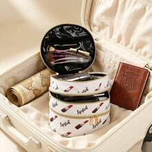 1pc Sweet & Versatile PU Material Gold Zipper Lipstick Print Cosmetic Bag, Suitable For Women's Daily Commute/Travel - Multicolor - View 5