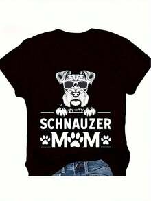 Camiseta inspirada en mamá Schnauzer para mujeres - Perro Schnauzer con gafas de moda y diseño de huella de pata, camiseta casual en blanco y negro con el nombre del dueño de Schnauzer, ropa lavable aáquina para amantes de Schnauzer (ropa de raza canina) - Negro - Ver 5