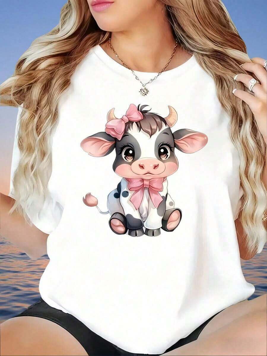 Playeras de mujer de algodón, camiseta de mujer con estampado de vaca linda, lazo rosa y diseño de dibujos animados, top casual de verano para niñas y mujeres, camiseta de mujer, >ropa - Blanco - Ver 1
