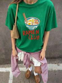 Camiseta de manga corta de algodón puro con estampado de ramen, corte holgado, 1 pieza, para mujer, estilo casual, cuello redondo. Diseño divertido y lindo con estampado de ramen para uso diario. RAMEN CLUB, Camiseta Casual de Manga Corta con Cuello Redondo y Estampado Gráfico para Mujer (Temporada de Vacaciones) Ropa Fresca de Verano para Mujer - Verde - Ver 6