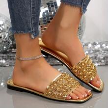 Sandal Selop Nyaman Ukuran Besar Warna Gading Metalik dengan Hiasan Mutiara dan Rhinestone, Sandal Datar Elegan dan Serbaguna untuk Pesta, Pantai, dan Pemakaian Sehari-hari, Ukuran 41-43 - Emas - View 4