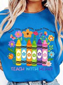 Short Sleeve, Crew Neck | 100% Pure Cotton And Breathable | Plus Size Teacher Appreciation T-Shirt - Heart Teaching Graphic, Pastel Colors - Soft And Breathable Cotton Daily Gift For Teachers For Teacher's Day, Back To School - Casual Teacher Clothing, Unisex Summer Top 100% Cotton Blouses For Women Casual 100% Cotton - 藍色的 - 查看 5