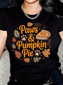Camiseta "Patas y Pastel de Calabaza" Linda para Amantes de Mascotas en Otoño, Camiseta Acogedora para Mamá de Perro en Otoño, Camiseta de Temporada de Calabaza para Mujeres - Negro - Ver 1