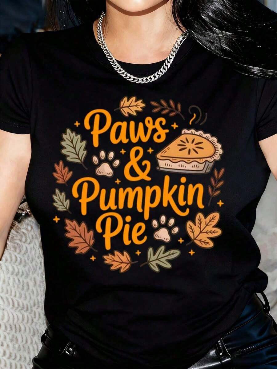 Camiseta "Patas y Pastel de Calabaza" Linda para Amantes de Mascotas en Otoño, Camiseta Acogedora para Mamá de Perro en Otoño, Camiseta de Temporada de Calabaza para Mujeres - Negro - Ver 1