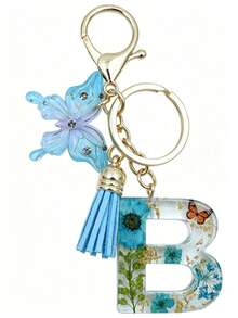 1pc Initial Letter Dried Flower Resin Keychain, Blue Daisy Pendant Keyring, Girl Bag Charm Accessory Gift - Baby Blue - View 4