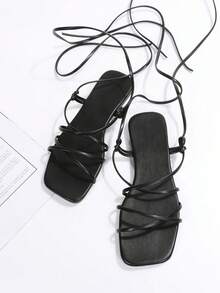 Fairy Style Lace-Up Flat Sandals For Women, Summer New Gentle Fashion Beach Sandals, For Vacation And Daily Wear - Black - View 7
