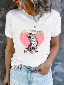 Camiseta de manga corta estampada para mujer con cuello redondo, moderna y casual, lavable a máquina, ajuste cómodo, estampado plano 2D, Blusas Para Mujer Casual 2D. - Blanco_10 - Ver 1
