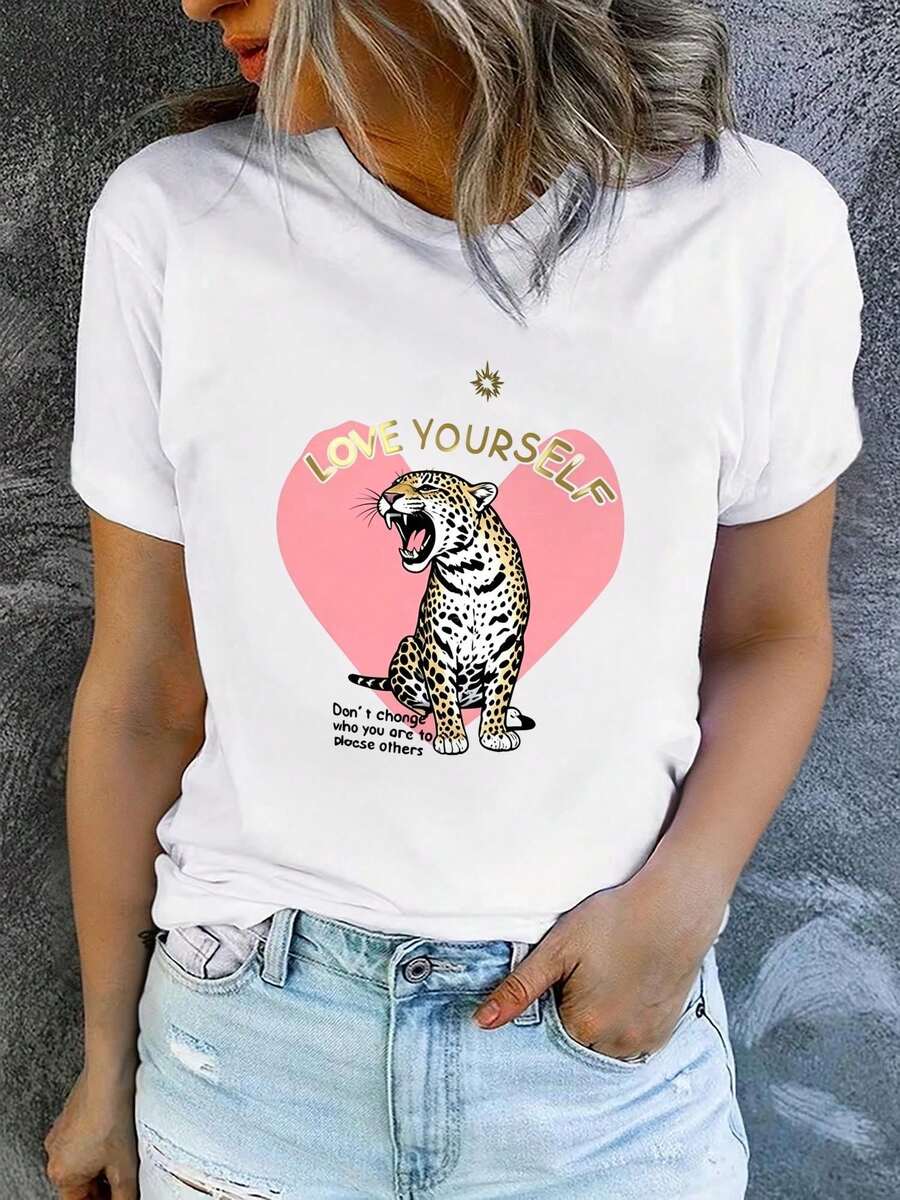 Camiseta de manga corta estampada para mujer con cuello redondo, moderna y casual, lavable a máquina, ajuste cómodo, estampado plano 2D, Blusas Para Mujer Casual 2D. - Blanco_10 - Ver 1