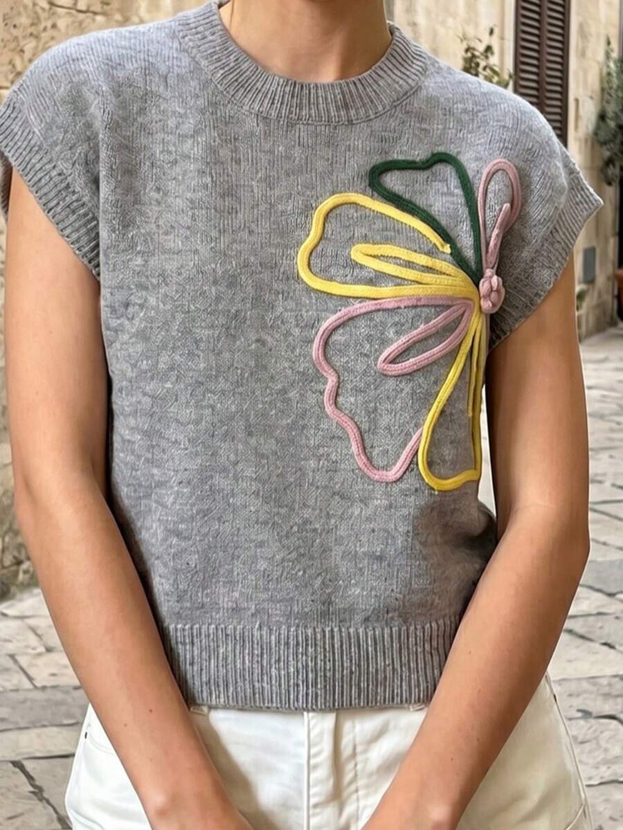 Elegaris 女士时尚新款百搭显瘦彩虹印花针织3D立体花卉休闲服 - 淺灰色 - 查看 1