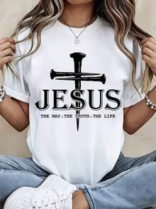 Camiseta con la cruz de Jesús y la impresión "El camino, la verdad, la vida" para atuendos casuales y deportivos - Estilo callejero vintage, unisex, de algodón, manga corta, cuello redondo, 100% algodón. - Blanco - Ver 1