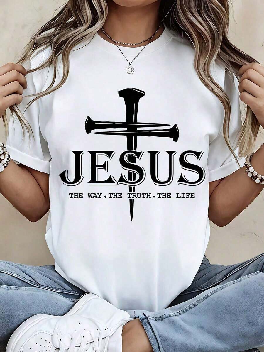 Camiseta con la cruz de Jesús y la impresión "El camino, la verdad, la vida" para atuendos casuales y deportivos - Estilo callejero vintage, unisex, de algodón, manga corta, cuello redondo, 100% algodón. - Blanco - Ver 1
