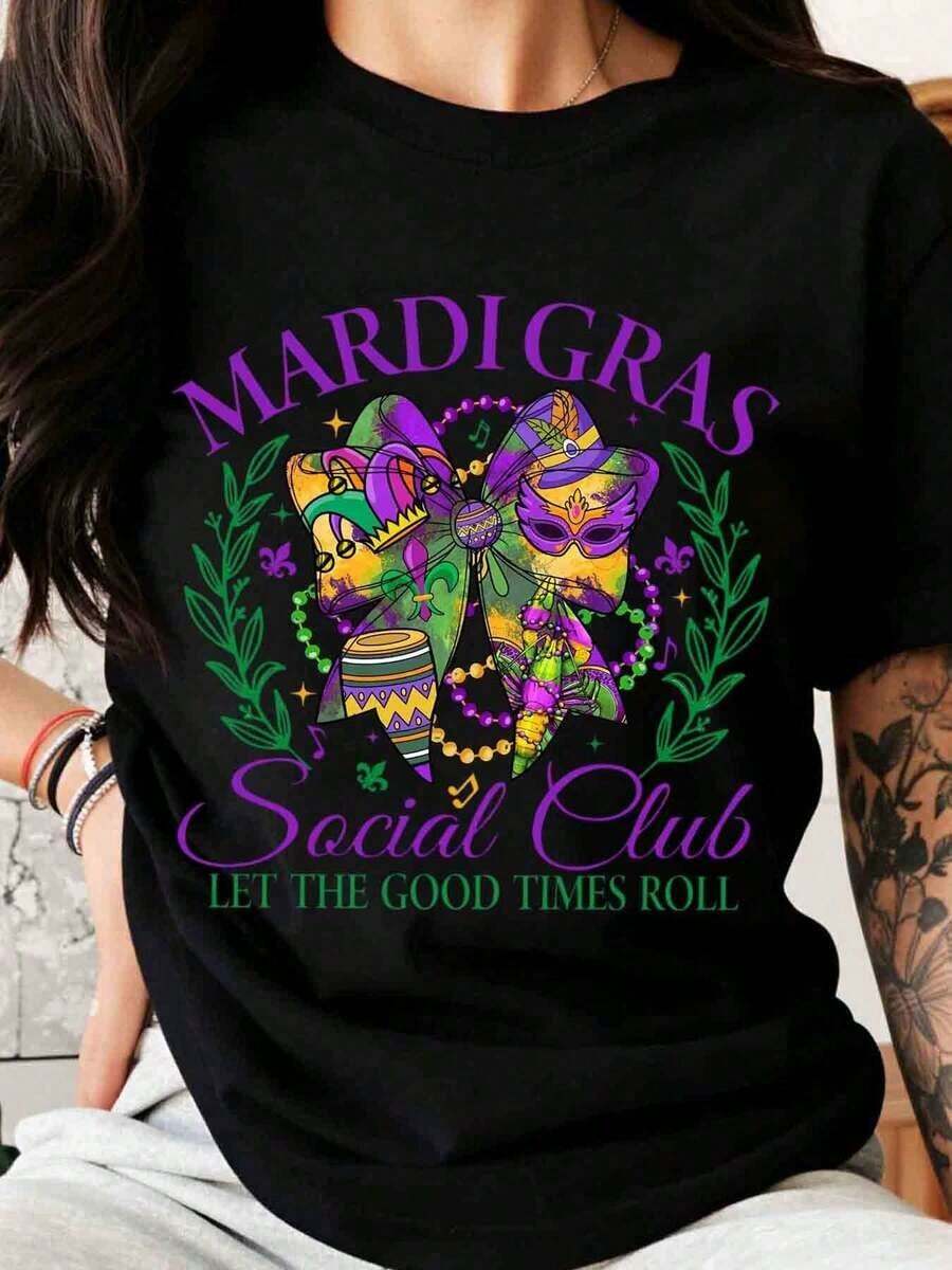 Mardi Gras Social Club Let The Good Times Roll Festival Shirt With Mask And Beads Design For Carnival Celebration Party WearPlayera Holgada para Mujer - Negro - Ver 1