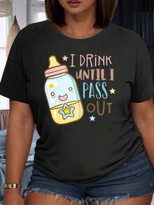 Bebí hasta desmayarme Camiseta con diseño de biberón, divertida y linda para mujeres, ropa casual, camiseta para fiesta, playeras de mujer - Negro - Ver 1