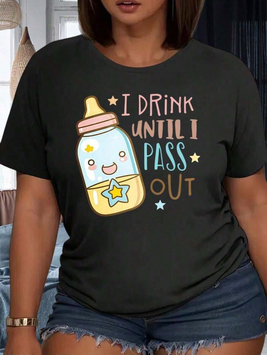 Bebí hasta desmayarme Camiseta con diseño de biberón, divertida y linda para mujeres, ropa casual, camiseta para fiesta, playeras de mujer - Negro - Ver 1