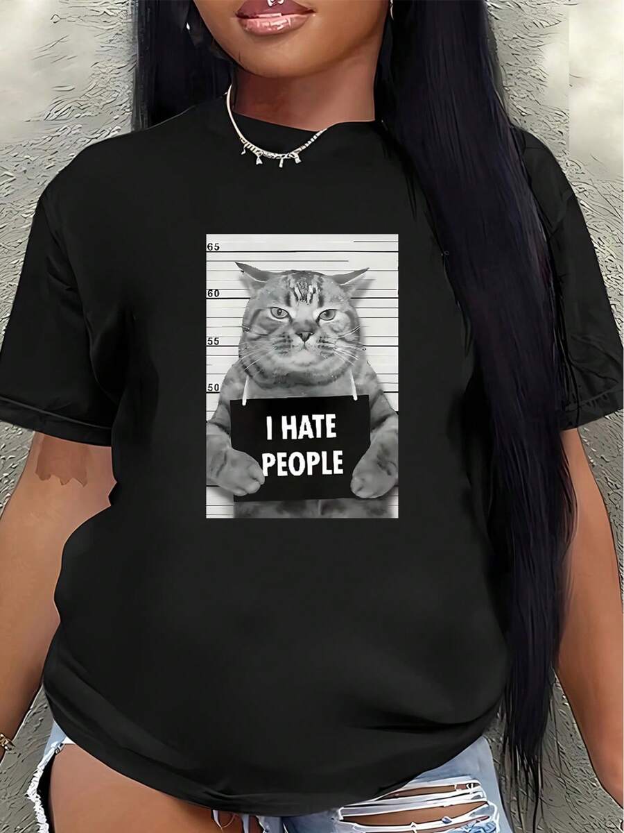 Camiseta de manga corta de poliéster, estampada con un cartel de búsqueda de un gato con el mensaje "Odio a los humanos", ligera y duradera, adecuada para uso casual en casa, en la oficina o en un restaurante, una opción ideal para amantes de la moda y el humor. - Negro - Ver 1