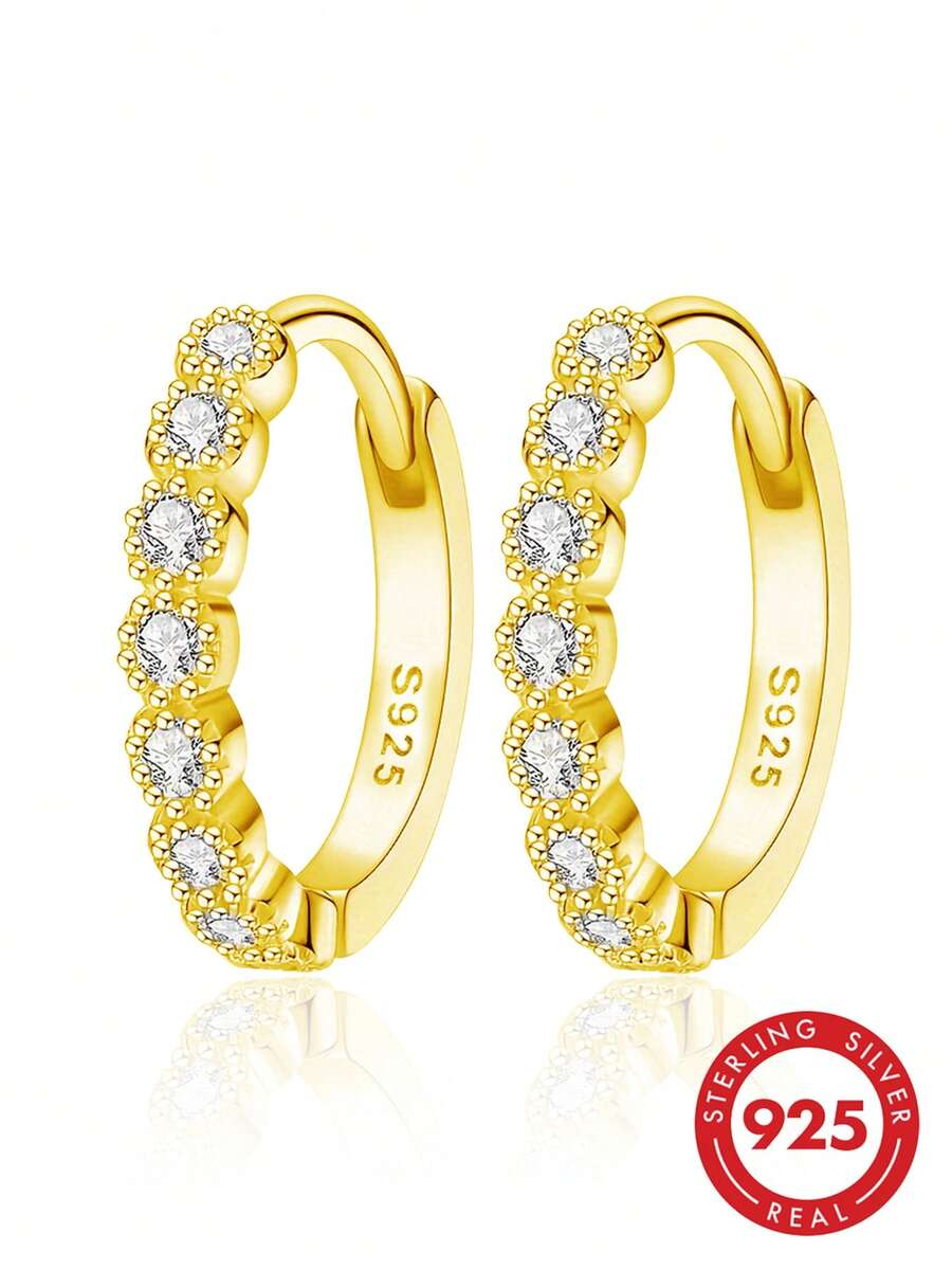 925 Sterling Silver Minimalist Hoop Earrings, Cubic Zirconia Earrings, Suitable For Daily Wear, Birthday Gift - Yellow Gold - View 1