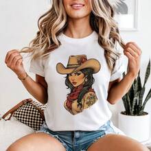 Camiseta de Mujer Estilo Cowgirl Western, Camiseta Country con Ilustraciones Estilo Pin Up, Camisetas de Moda, Tops Cómodos, Camisetas Transpirables - Blanco - Ver 1