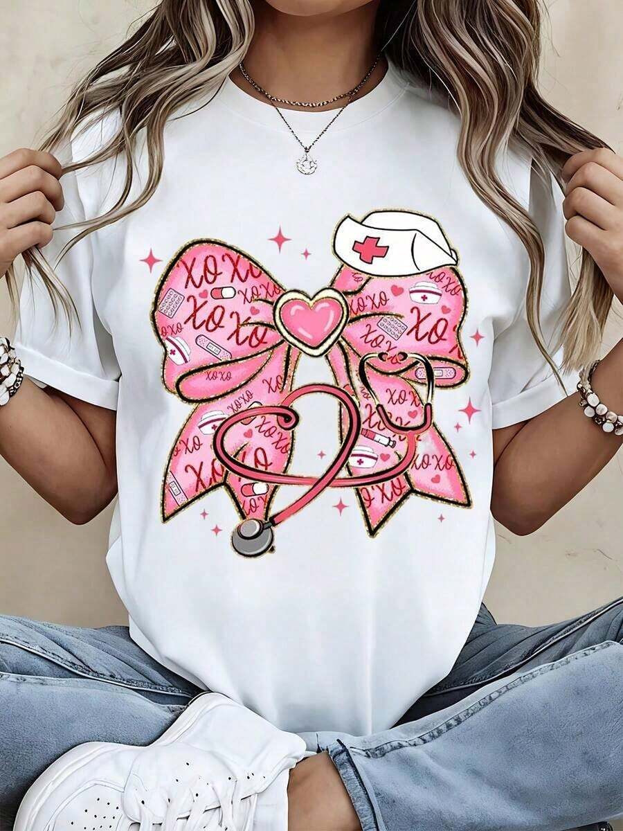Women's Graphic Print Nurse T-Shirt With Black And Pink Bow, Stethoscope, Heart And XOXO Print, Casual Party Wear - 白色 - 查看 1