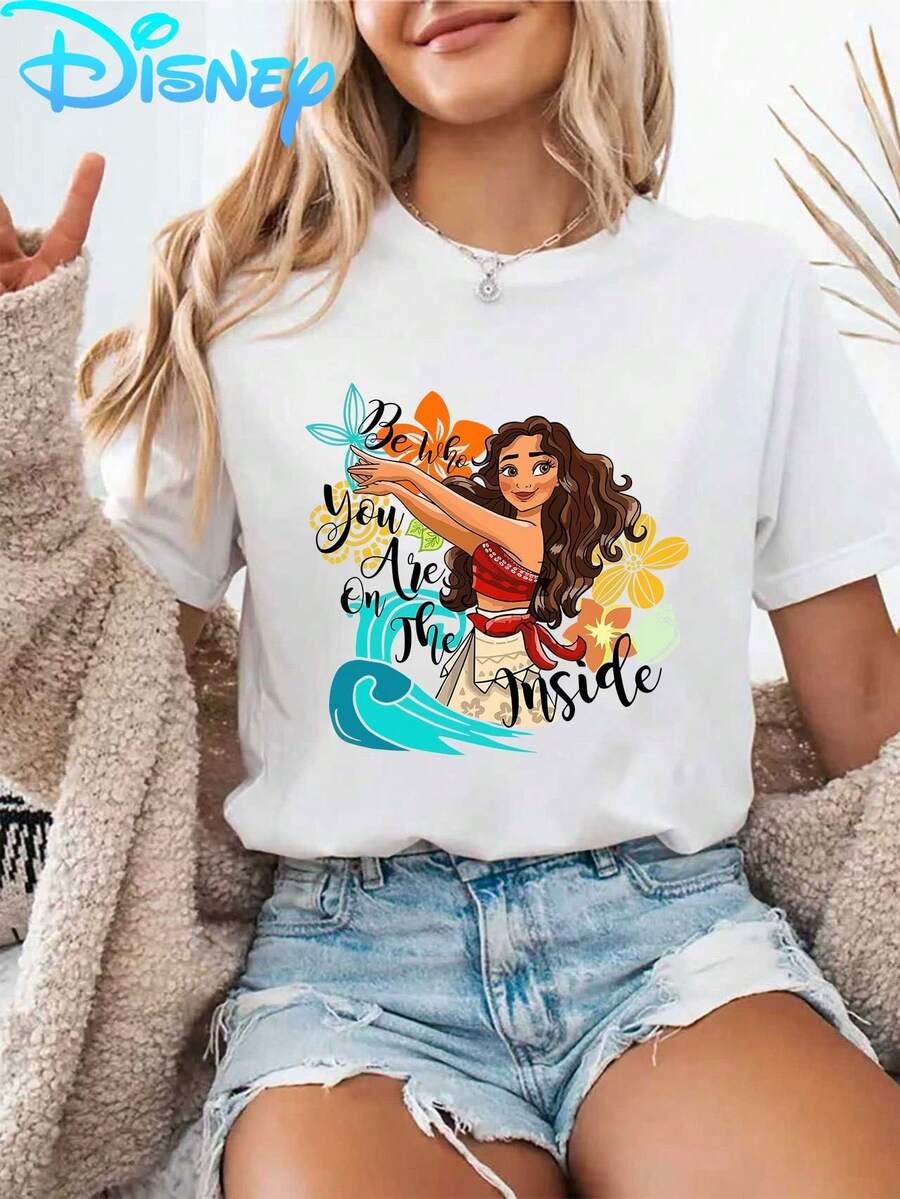 Disney Licensed 'Moana: The Epic Tale' Inspirational Text Printed T-Shirt. Summer Women's Fashionable, Casual, Comfortable, Soft, Suitable For Daily Outdoor,, Breathable Round-Neck Short-Sleeved T-Shirt. - trắng - Xem 1