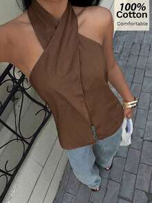 Top halter sin espalda con cruce en el pecho de estilo casual para mujer, de unicolor minimalista, adecuado para vacaciones de verano - Café integral - Ver 3