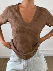 Camiseta casual holgada de mujer de unicolor con cuello en V y mangas cortas, ropa casual de negocios para mujer - Marrón - Ver 5