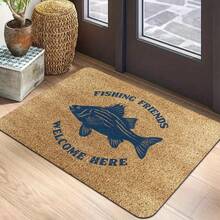 1pc Navy Blue Bass Fish Print Flannel Rug, Printed With "Welcome Fishing Friends" Text, Vintage Outdoor Fishing Style Rectangular Doormat, Washable Entryway Mat, Suitable For Foyer, Porch, Lakeside Home And Home Decor - 1PC - View 2