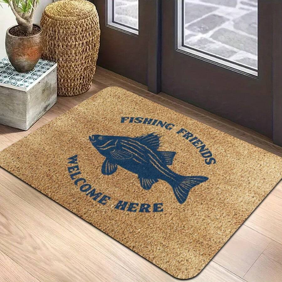 1pc Navy Blue Bass Fish Print Flannel Rug, Printed With "Welcome Fishing Friends" Text, Vintage Outdoor Fishing Style Rectangular Doormat, Washable Entryway Mat, Suitable For Foyer, Porch, Lakeside Home And Home Decor