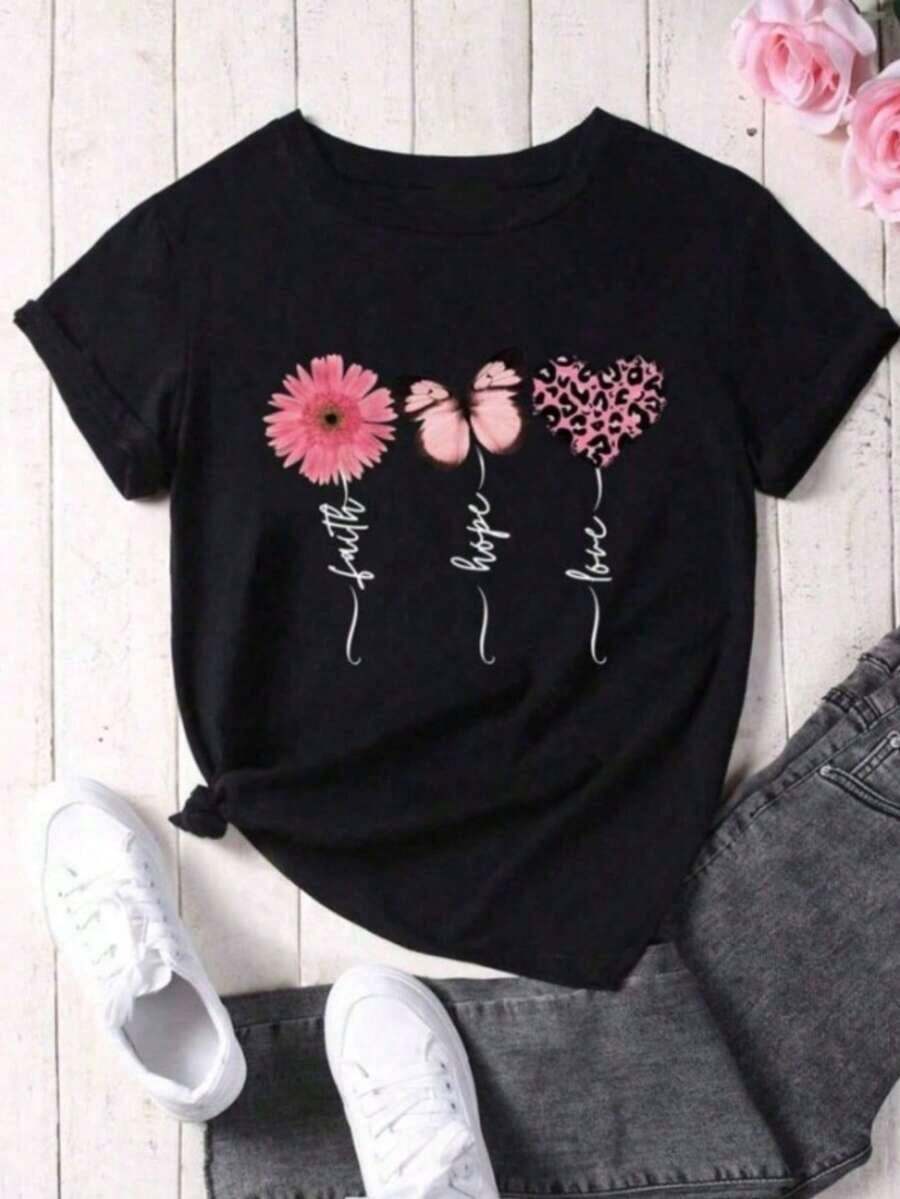 Camiseta manga corta grafico flor mariposa corazon animal print texto fe amor y esperanza cuello redondo estilo moderno casual