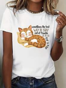 Camiseta casual de manga corta con cuello redondo y estampados, perfecta para el verano y la primavera, diseñada para mujeres. - Blanco - Ver 1