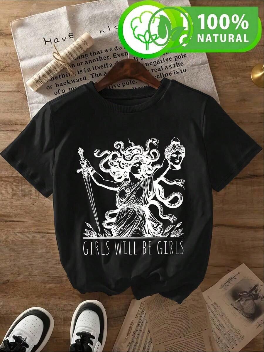 Camiseta de Algodón 100% con Diseño Medusa Moderno para Mujer Estilo Urbano Casual Mujer México - Negro - Ver 1