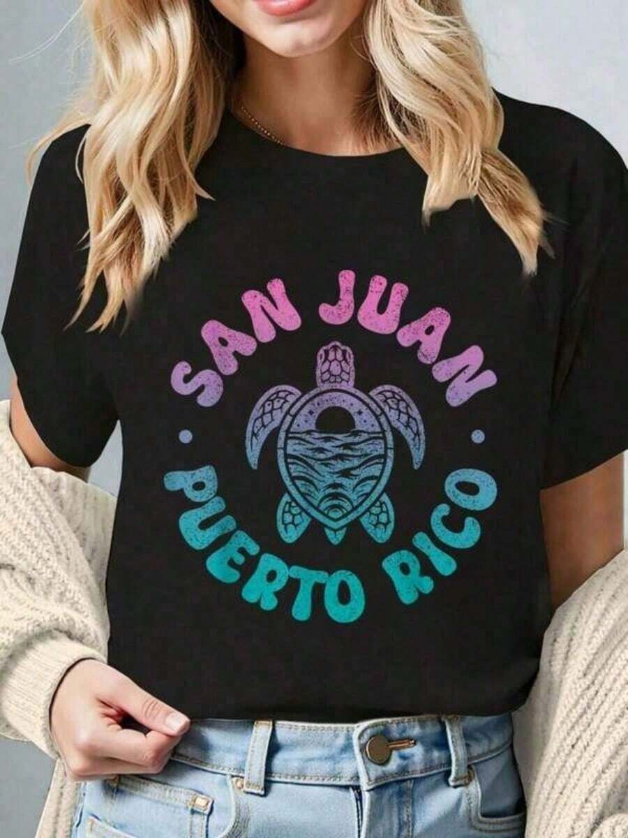 Camiseta Casual San Juan Puerto Rico con Tortuga Marina, Souvenir de Boricua, Retro, Manga Corta, Cuello Redondo, para Todas las Temporadas, Ropa Casual para Mujer, para Verano y Primavera. - Negro - Ver 1
