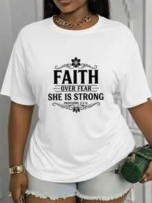 Nueva colección 2026: Camiseta de algodón con diseño 'Faith Over Fear', elasticidad media, lavable aáquina, moderna y versátil, estilo de cuello redondo, adecuada para el vestuario de primavera y verano, camiseta de manga corta, camiseta casual de manga corta. - Blanco - Ver 12