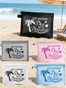 Multi-Functional Mesh Makeup Bag With Coconut Tree Shell Pattern, Transparent Visible Travel Cosmetic Pouch, Beach Bag,Summer Bags,Travel Bag,Lightweight Breathable Zipper Storage Case, Small Organizer For Pencils, Coins - Multicolor - View 5