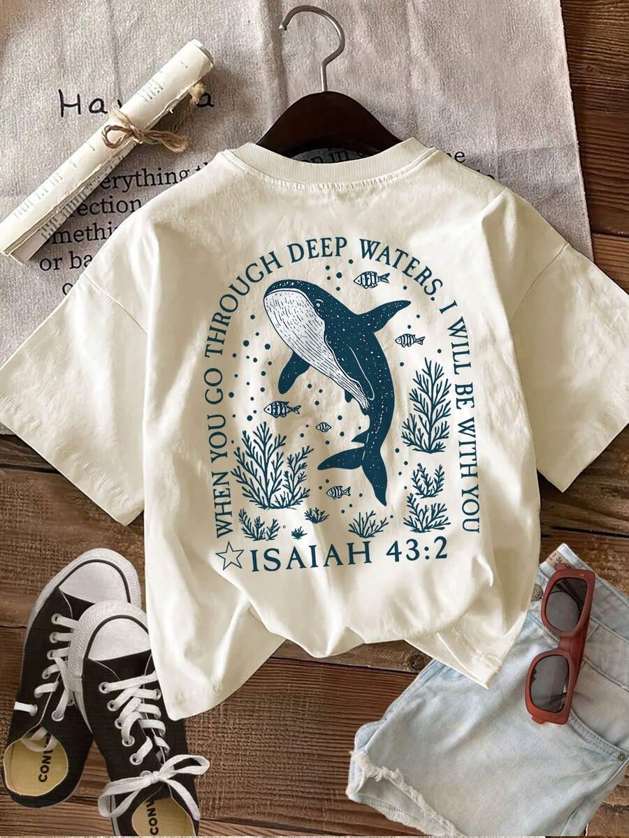 [Double-Sided Printing] Women's Summer Casual T-Shirt, Vintage Style, With Whale Print, Seaweed And "WHEN YOU GO THROUGH DEEP", Round Neck, Pure Cotton Short Sleeve T-Shirt, Comfortable And Soft, Cotton T-Shirt For Everyday Wear. - 杏色 - 查看 1