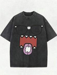 Camiseta de estilo urbano vintage lavada 100% algodón de 220 g para hombre y mujer - Personaje de dibujos animados divertido con gafas de montura negra y estampado de remolinos rosas, cuello redondo holgado, manga corta, top casual de verano, camiseta con estampado divertido, camisa de textura suave. - Negro - Ver 1