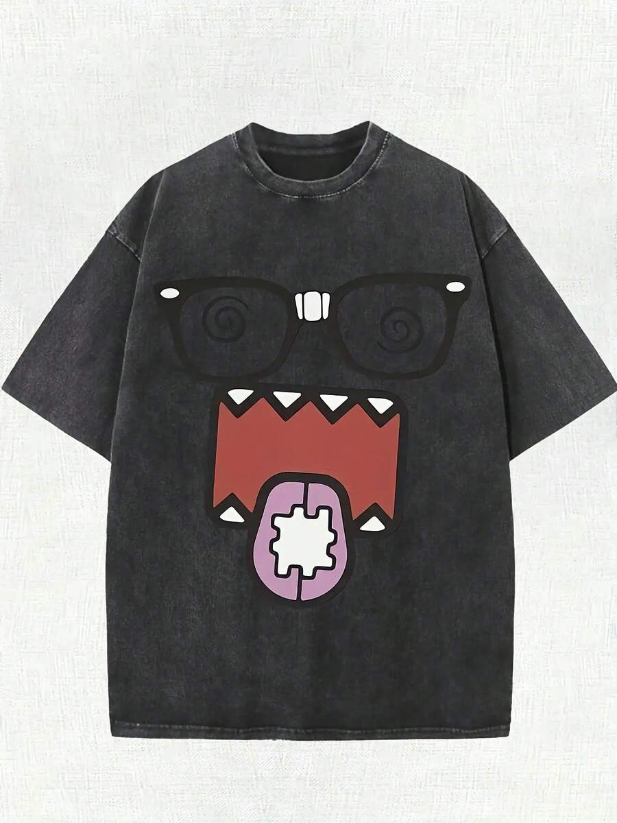 Camiseta de estilo urbano vintage lavada 100% algodón de 220 g para hombre y mujer - Personaje de dibujos animados divertido con gafas de montura negra y estampado de remolinos rosas, cuello redondo holgado, manga corta, top casual de verano, camiseta con estampado divertido, camisa de textura suave. - Negro - Ver 1