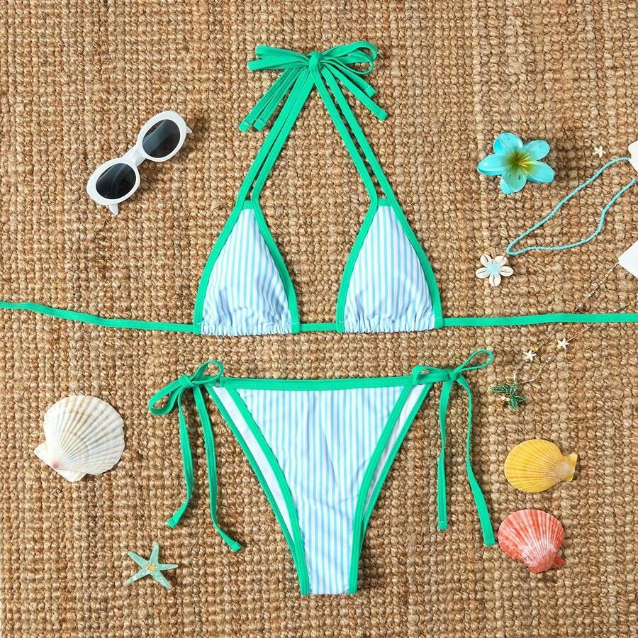 Traje de baño de dos piezas con tirantes a rayas, un bikini lindo y sexy que está causando furor. - azul - Ver 1