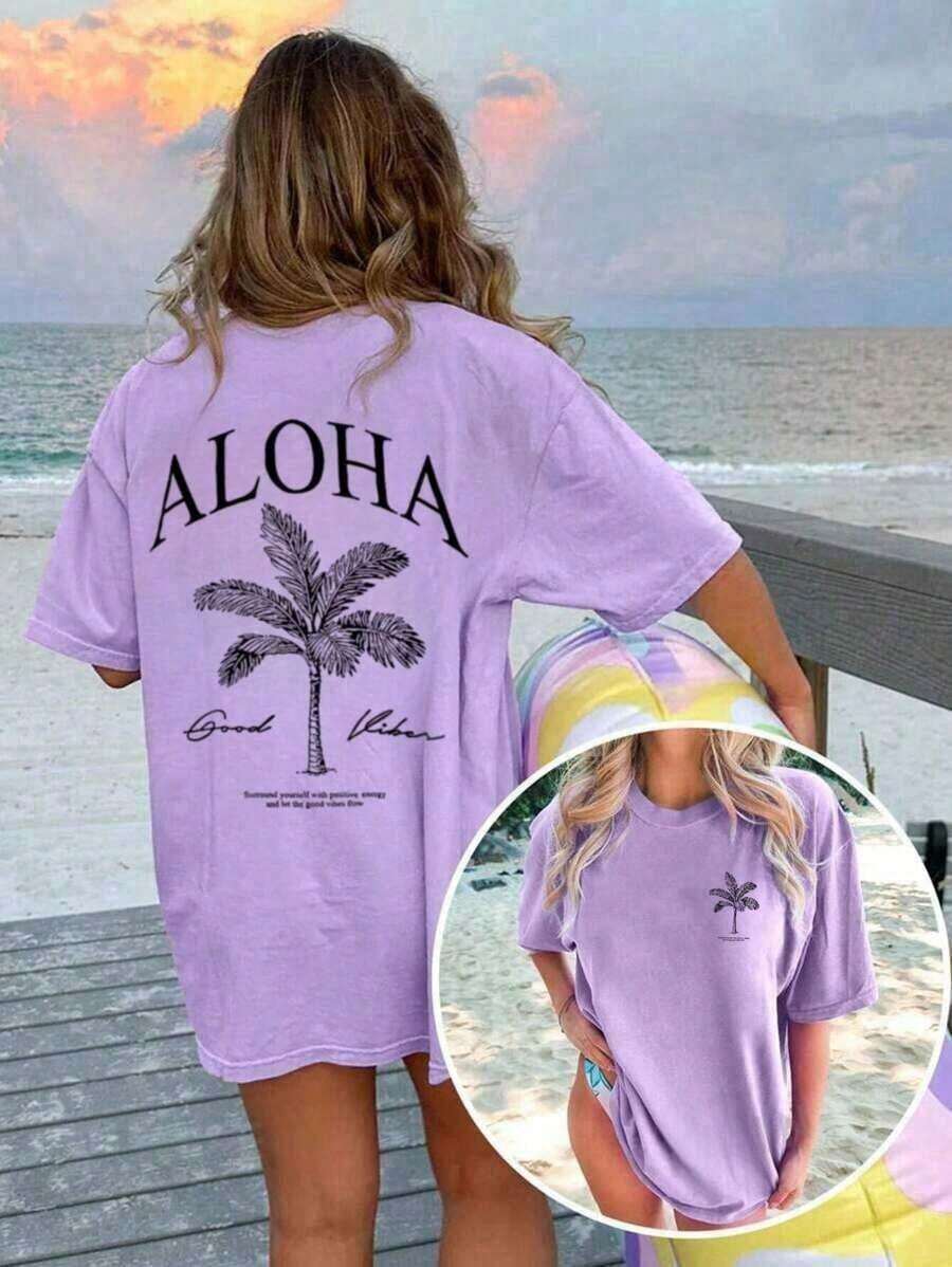 Women's Short-Sleeved T-Shirt With A Round Neck And Palm Print, A Casual And Modern Style, Ideal For Summer, Your Everyday Essential. Printed T-Shirt, White Top For Women, Top, Pink Top, Holiday Set, 100% Cotton - 紫色 - 查看 1