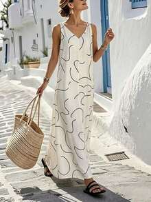 Women's Long, Loose-Fitting Dress With A Linen Texture And Abstract Lines - 白色 - 查看 1
