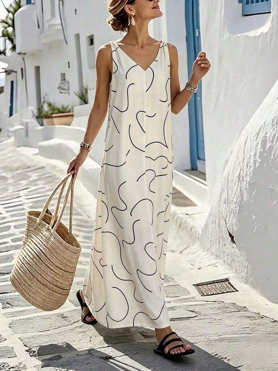 Women's Long, Loose-Fitting Dress With A Linen Texture And Abstract Lines - 白色 - 查看 1