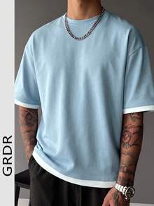 GRDR 男士经典仿两件套圆领短袖T恤，休闲时尚简约通勤百搭款 - 霧霾藍 - 查看 4