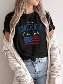 Camiseta Deportiva Casual para Mujer, Cuello Redondo, EST 1776 AMERICA The Beautiful, Tema Patriótico, Mujeres Maduras, Atuendo de Celebración, Regalo para el Día Nacional, Diseño de Franjas de Bandera, Patriótica, Americana, Top Cómodo para Todas las Temporadas - Estilo Urbano Vintage Unisex, Camiseta de Manga Corta de Algodón, Cuello Redondo, Estilo Veraniego, playeras de mujer - Negro - Ver 1