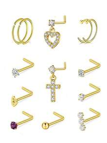 48pcs 20G L-Shaped Dangle Nose Rings Nose Studs Nose Jewelry Suitable For Women And Men (Gold) - Gold - View 5