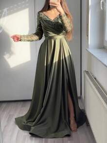 Vestido largo encaje verde elegante con volantes escote bandejo cintura media estilo fiesta moda mujer - Verde Oscuro - Ver 2