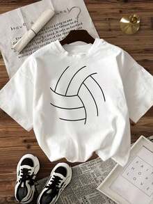 Camiseta de Mujer Casual de Corte Holgado, Opciones en Blanco y Negro, Estampado Gráfico de Voleibol, Camisetas Cómodas para Uso Diario, Tops de Verano, Camisetas Gráficas, Conjuntos de Verano para Mujer, Camisetas Cortas para Mujer, Tops Vintage de Algodón, Ropa Linda para Mujer, Playera Holgada para Mujer - Blanco - Ver 2