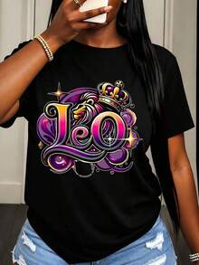 Camiseta de Mujer con Diseño Gráfico del Signo Zodiacal Leo y Corona, Ropa Casual para Uso Diario, Top de Moda, Opción de Atuendo de Verano - Negro - Ver 1